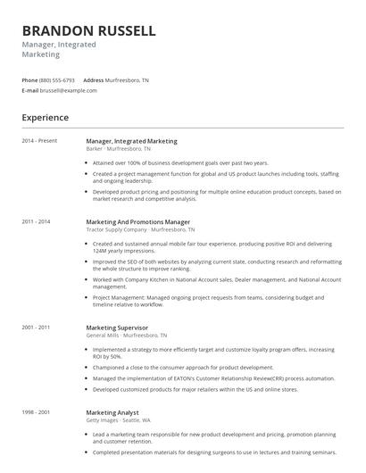 Manager, Integrated Marketing Resume