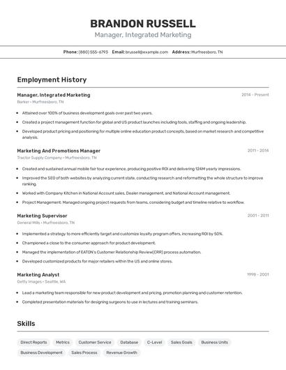 Manager, Integrated Marketing Resume