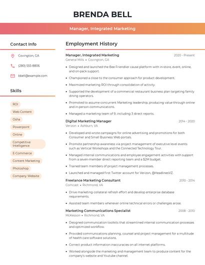 Manager, Integrated Marketing Resume