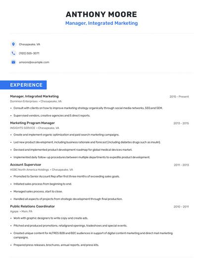 Manager, Integrated Marketing Resume