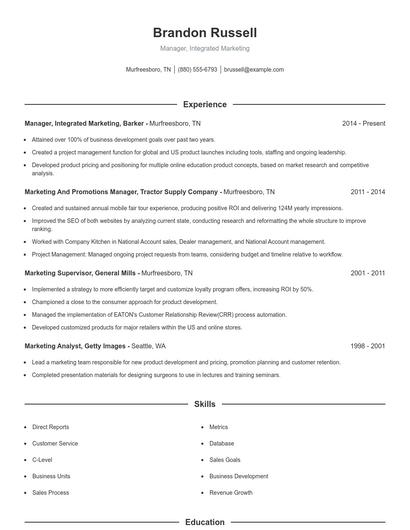 Manager, Integrated Marketing Resume