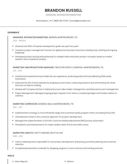 Manager, Integrated Marketing Resume