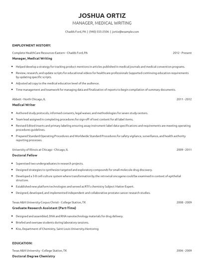Manager, Medical Writing Resume