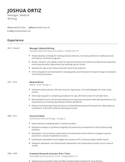 Manager, Medical Writing Resume