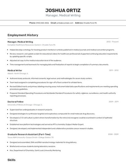 Manager, Medical Writing Resume