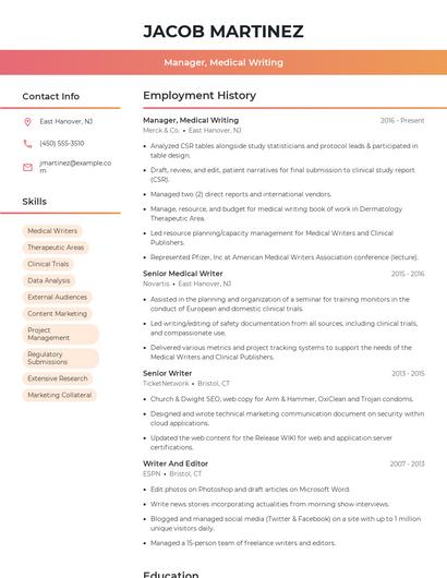 Manager, Medical Writing Resume