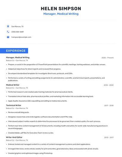 Manager, Medical Writing Resume