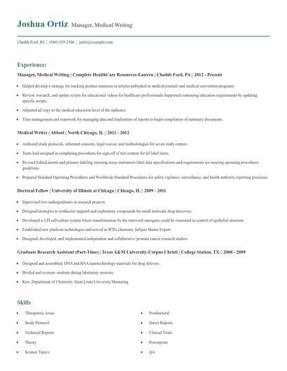 Manager, Medical Writing Resume