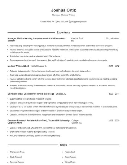 Manager, Medical Writing Resume