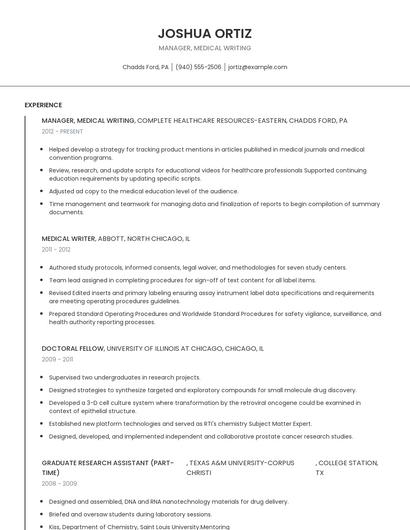 Manager, Medical Writing Resume