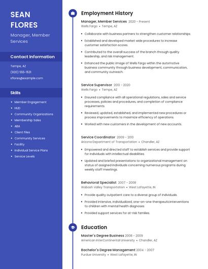 Manager, Member Services Resume