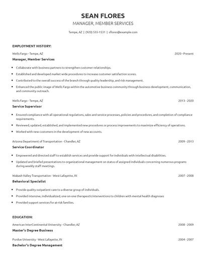 Manager, Member Services Resume