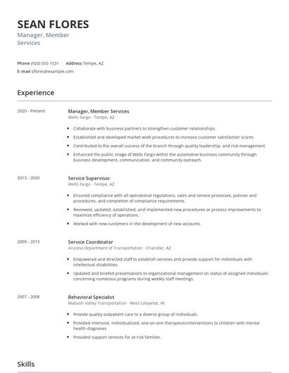Manager, Member Services Resume