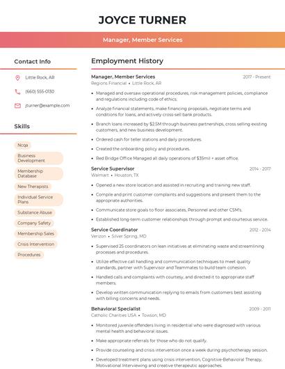 Manager, Member Services Resume