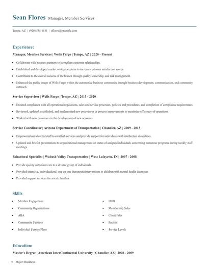 Manager, Member Services Resume