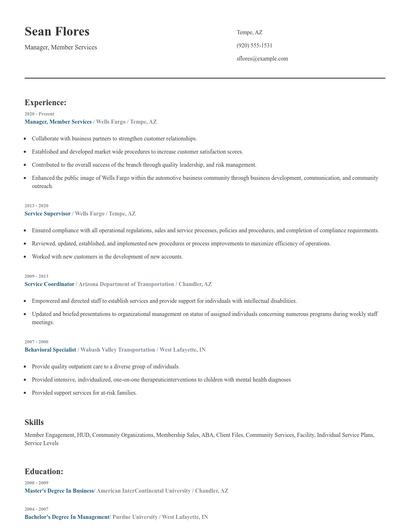Manager, Member Services Resume