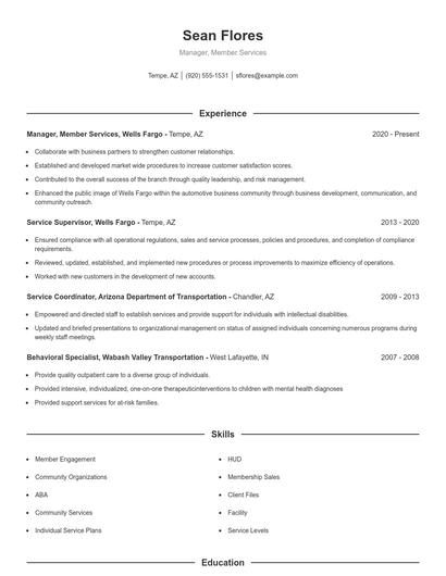 Manager, Member Services Resume
