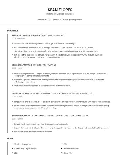 Manager, Member Services Resume