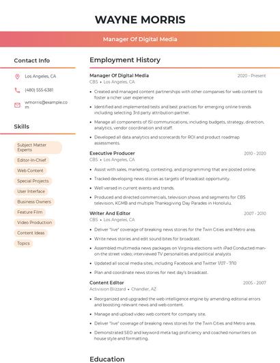 Manager Of Digital Media Resume