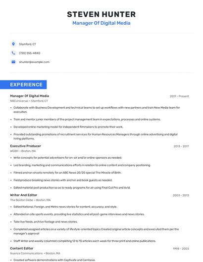 Manager Of Digital Media Resume