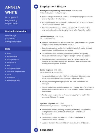 Manager Of Engineering Department Resume