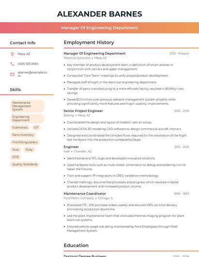 Manager Of Engineering Department Resume