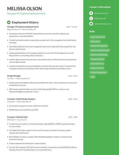 Manager Of Engineering Department Resume