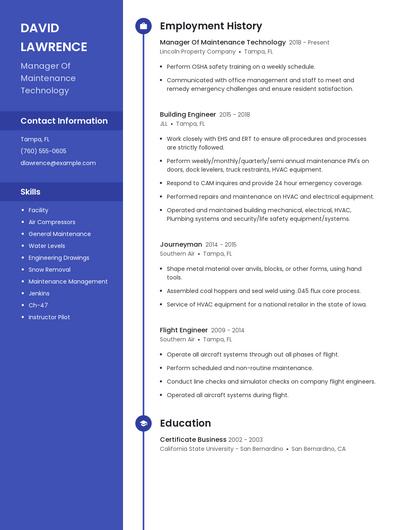 Manager Of Maintenance Technology Resume