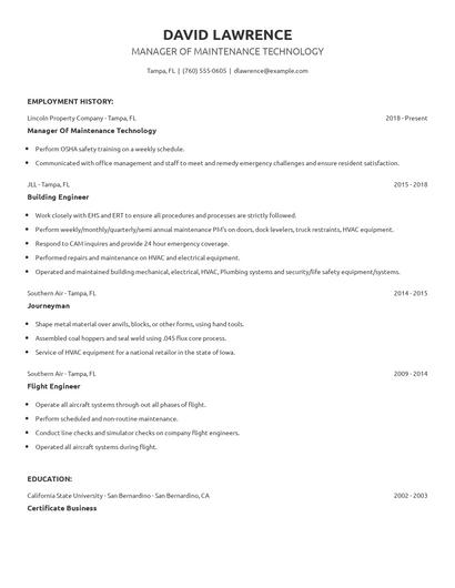 Manager Of Maintenance Technology Resume