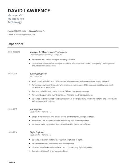 Manager Of Maintenance Technology Resume