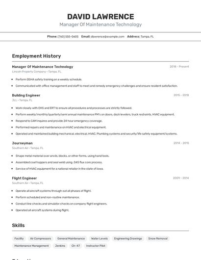 Manager Of Maintenance Technology Resume