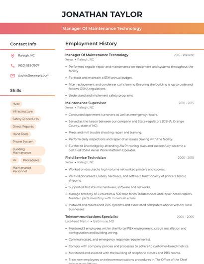 Manager Of Maintenance Technology Resume