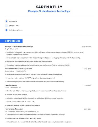 Manager Of Maintenance Technology Resume