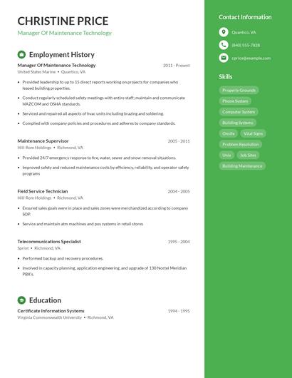 Manager Of Maintenance Technology Resume