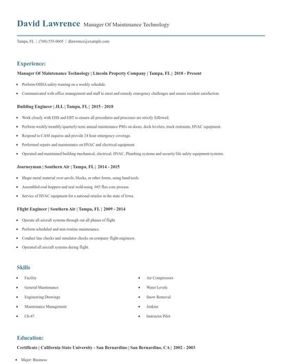 Manager Of Maintenance Technology Resume