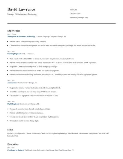 Manager Of Maintenance Technology Resume