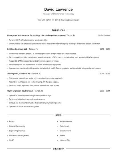 Manager Of Maintenance Technology Resume