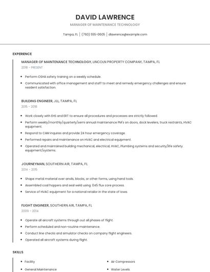Manager Of Maintenance Technology Resume