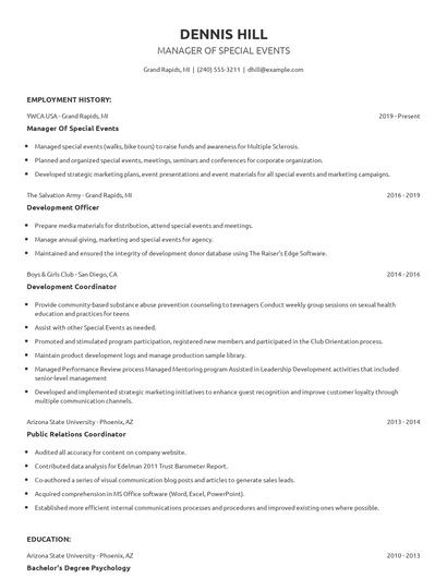 Manager Of Special Events Resume