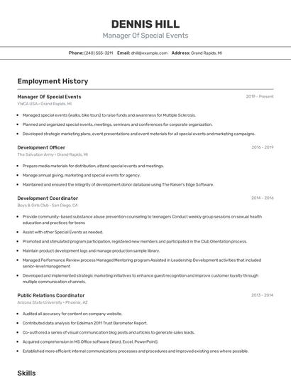 Manager Of Special Events Resume