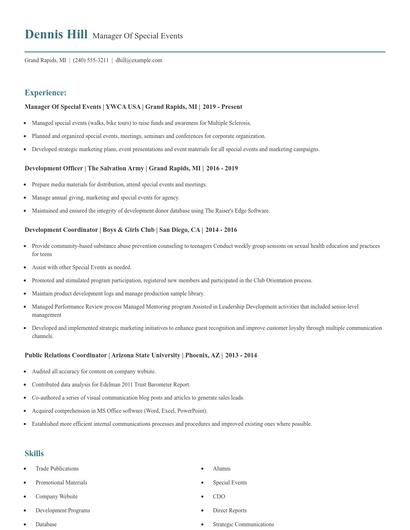Manager Of Special Events Resume