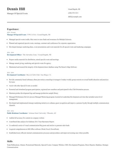 Manager Of Special Events Resume