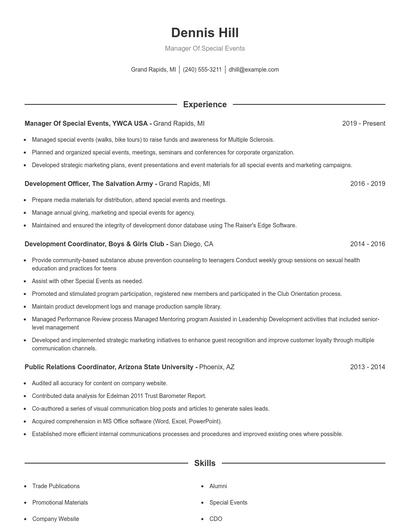 Manager Of Special Events Resume
