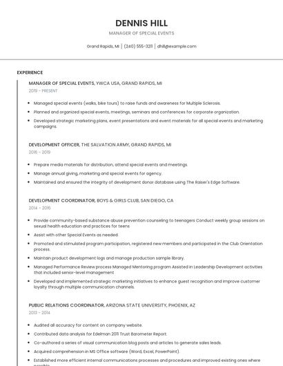 Manager Of Special Events Resume