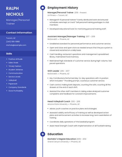 Manager/Personal Trainer Resume
