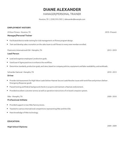 Manager/Personal Trainer Resume
