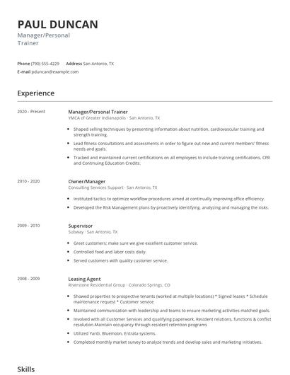 Manager/Personal Trainer Resume