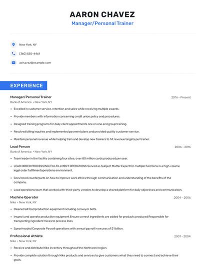 Manager/Personal Trainer Resume