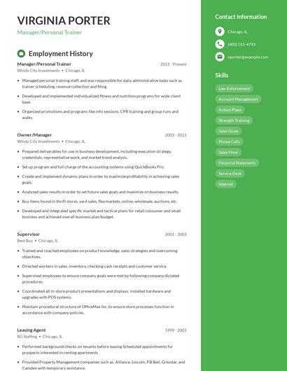 Manager/Personal Trainer Resume