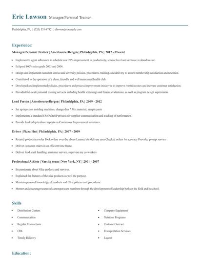 Manager/Personal Trainer Resume